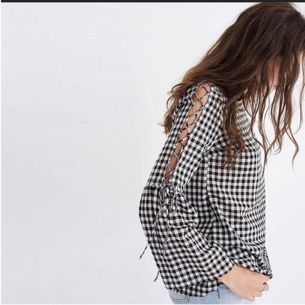 M24 Madewell Women’s Gingham Bell Sleeve Top - 3/4 Tie Sleeve Black & White